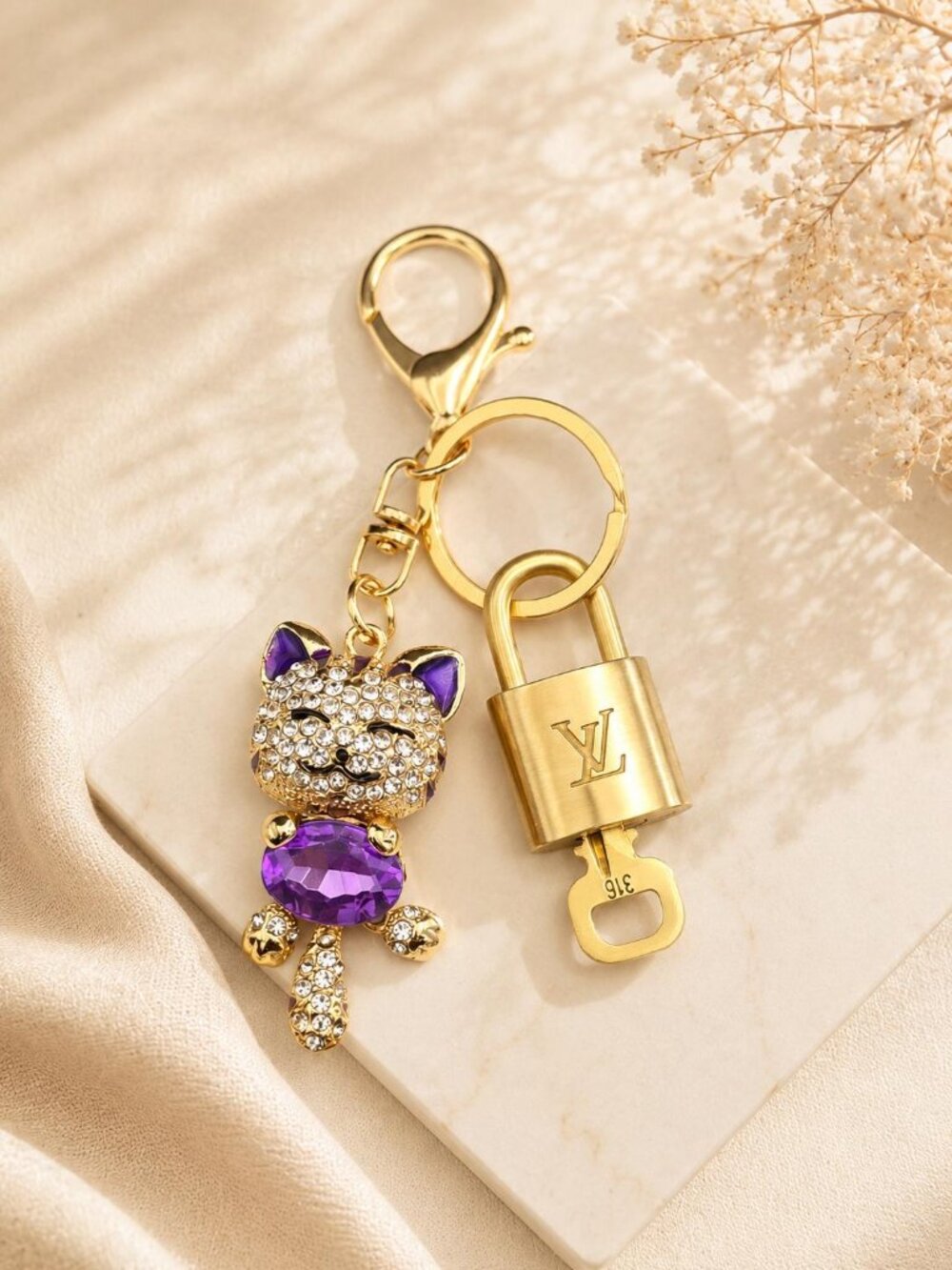 Louis Vuitton Gold Padlock 🔒 Key Set Authentic LV w/ Unbranded Cat Keychain